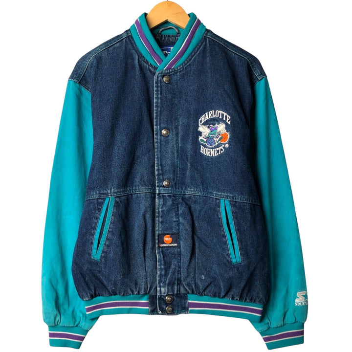 90'S Starter NBA Charlotte Hornets Denim Varsity Jacket, Men's Size Small cotton blue type Vintage Second Hand