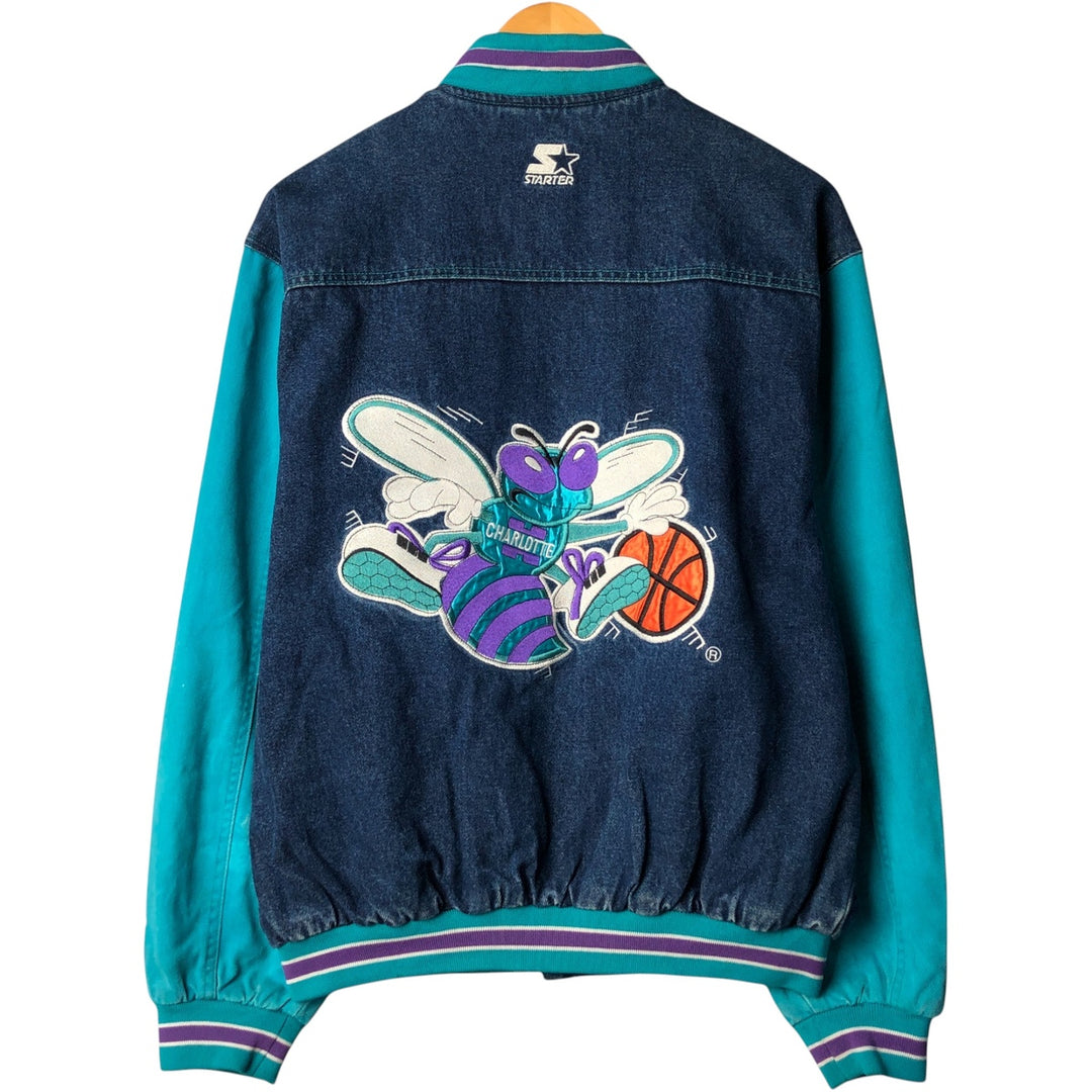 90'S Starter NBA Charlotte Hornets Denim Varsity Jacket, Men's Size Small cotton blue type Vintage Second Hand