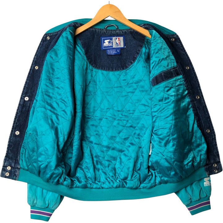 90'S Starter NBA Charlotte Hornets Denim Varsity Jacket, Men's Size Small cotton blue type Vintage Second Hand