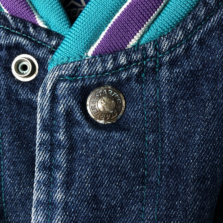 90'S Starter NBA Charlotte Hornets Denim Varsity Jacket, Men's Size Small cotton blue type Vintage Second Hand