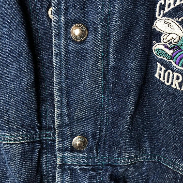 90'S Starter NBA Charlotte Hornets Denim Varsity Jacket, Men's Size Small cotton blue type Vintage Second Hand