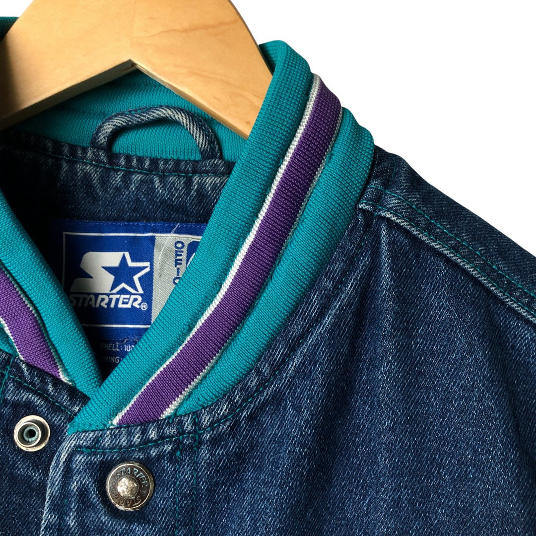 90'S Starter NBA Charlotte Hornets Denim Varsity Jacket, Men's Size Small cotton blue type Vintage Second Hand