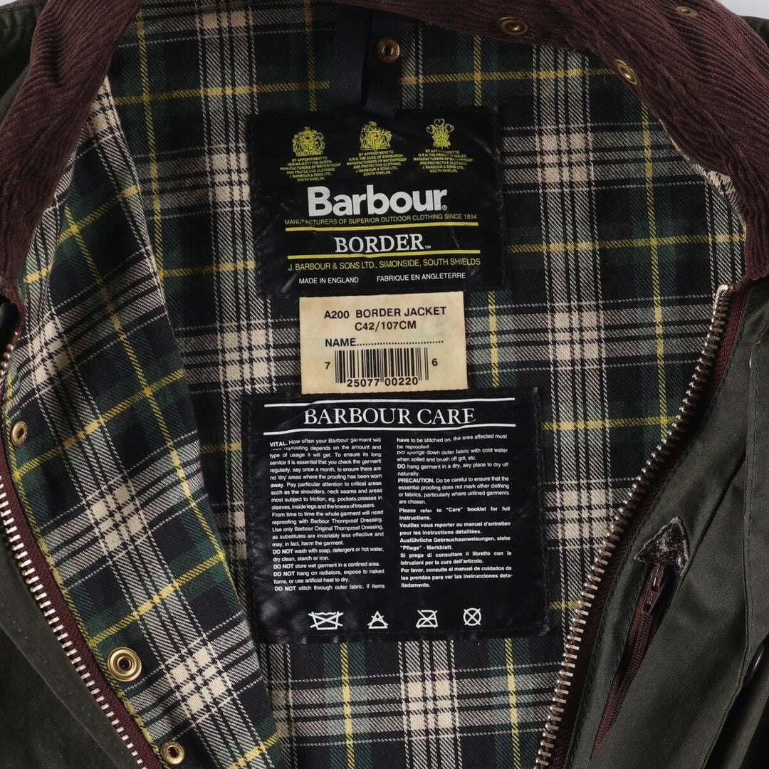 1990'S Barbour BORDER (formerly 3 Warrant) waxed cotton oiled jacket, Made in England, C42, Men's L cotton Green type dark green Vintage Second Hand