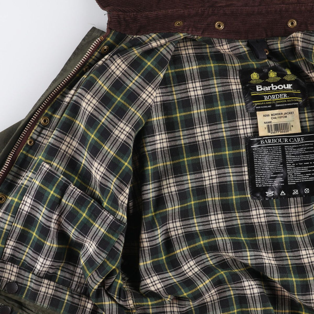 1990'S Barbour BORDER (formerly 3 Warrant) waxed cotton oiled jacket, Made in England, C42, Men's L cotton Green type dark green Vintage Second Hand