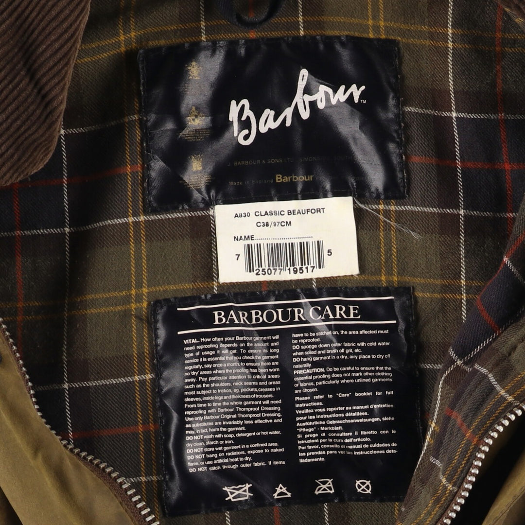 2000'S Barbour Classic Beaufort 3 Warrant Oiled Hunting Jacket, Made in England, C38, Men's Size M cotton Khaki type brown Vintage Second Hand