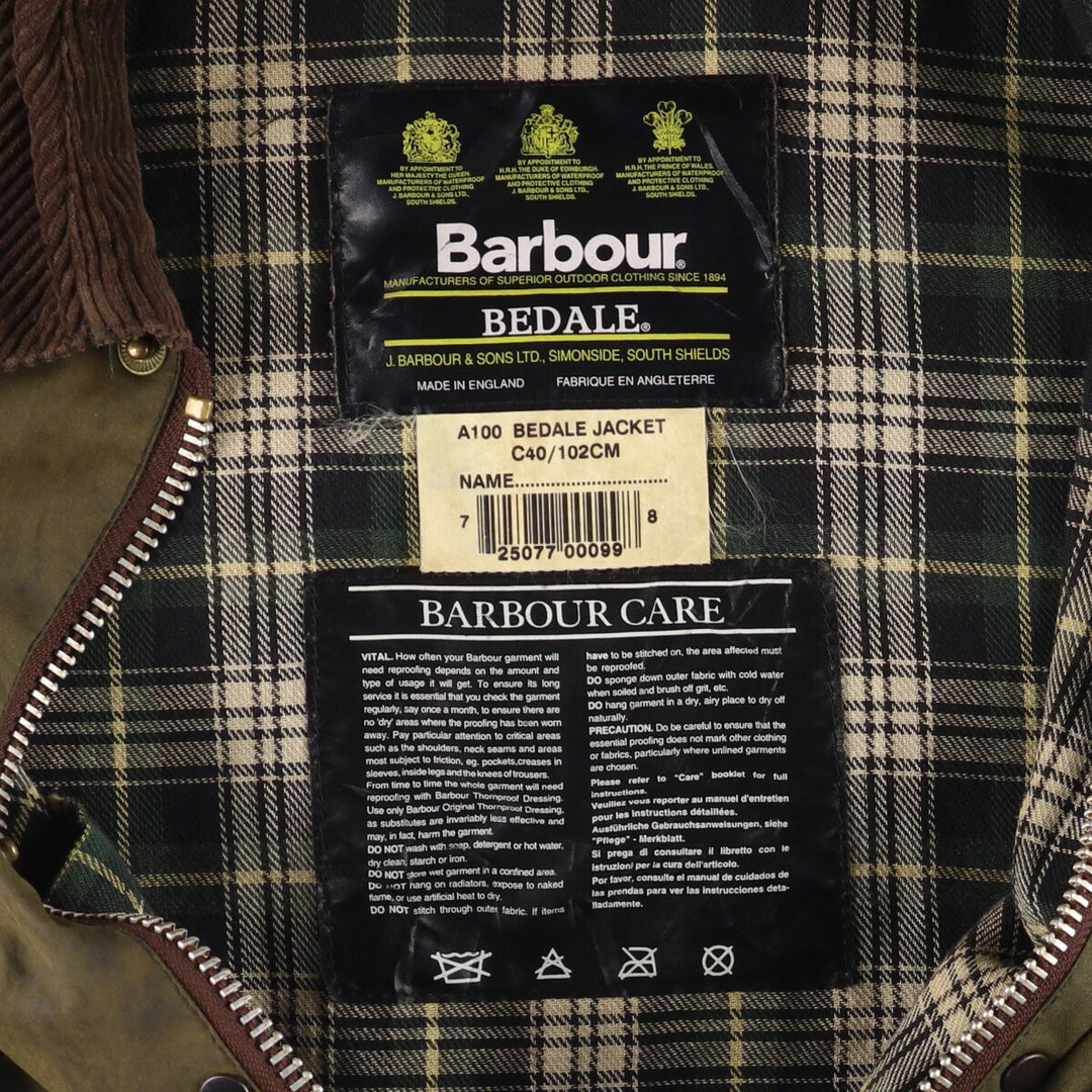 1990'S Barbour Bedale (formerly 3 Warrant) waxed cotton oiled jacket, made in England, C40, men's size M cotton Khaki type Vintage Second Hand