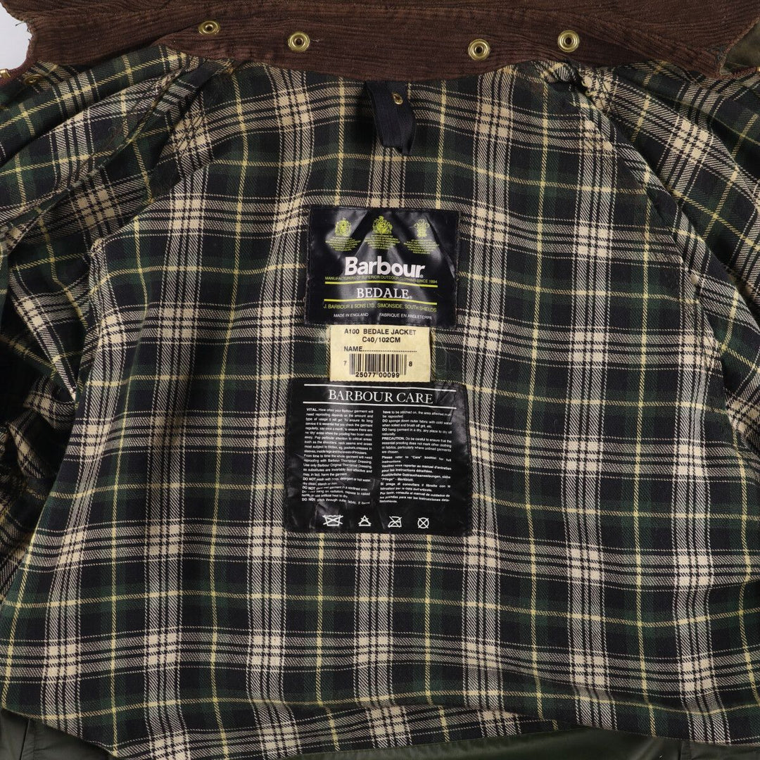 1990'S Barbour Bedale (formerly 3 Warrant) waxed cotton oiled jacket, made in England, C40, men's size M cotton Khaki type Vintage Second Hand