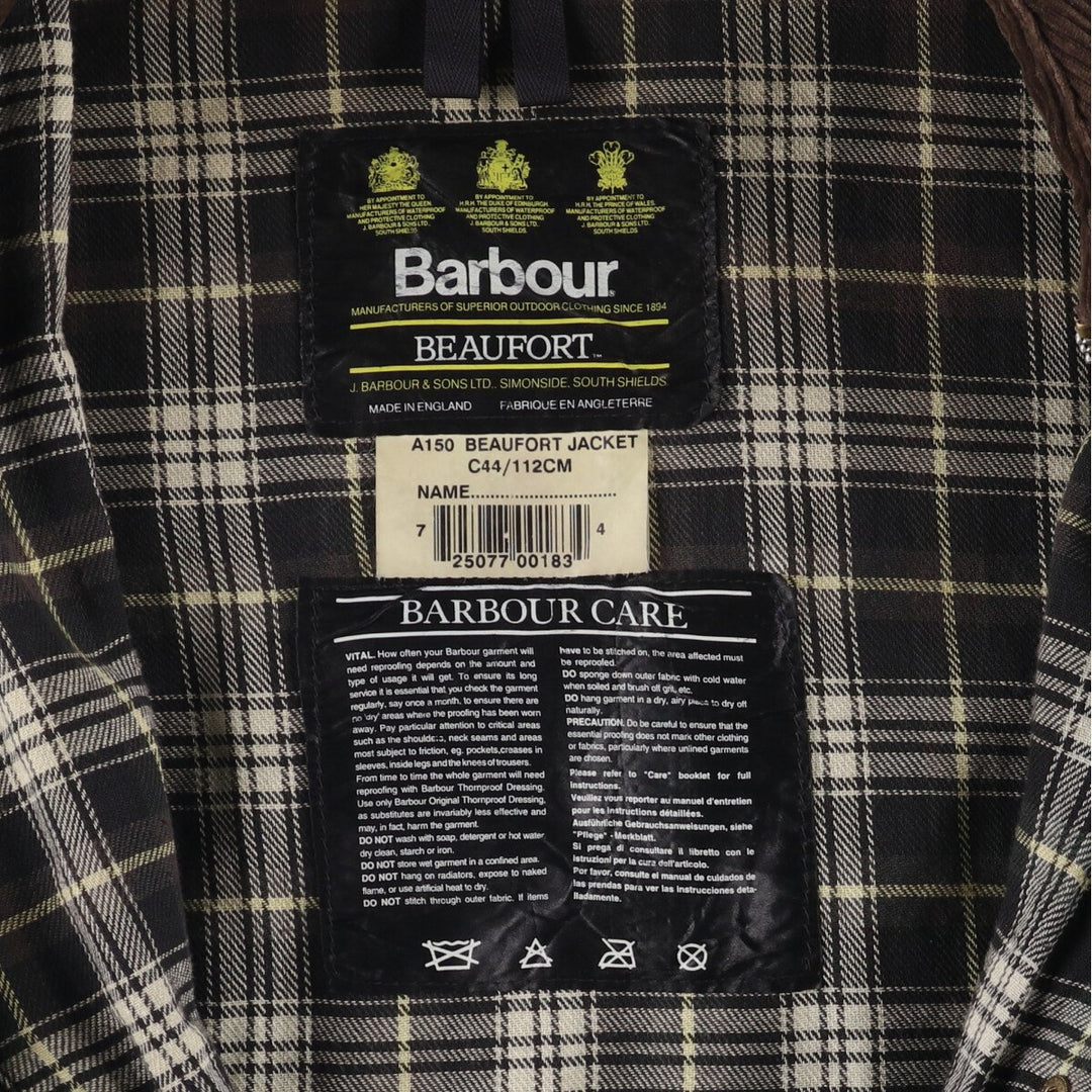 1990'S Barbour Beaufort 3 Warrant Oiled Hunting Jacket, Made in England, C44, Men's Size L cotton Khaki type Vintage Second Hand