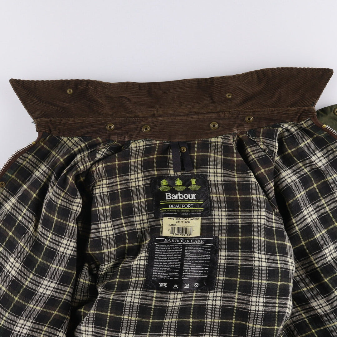 1990'S Barbour Beaufort 3 Warrant Oiled Hunting Jacket, Made in England, C44, Men's Size L cotton Khaki type Vintage Second Hand