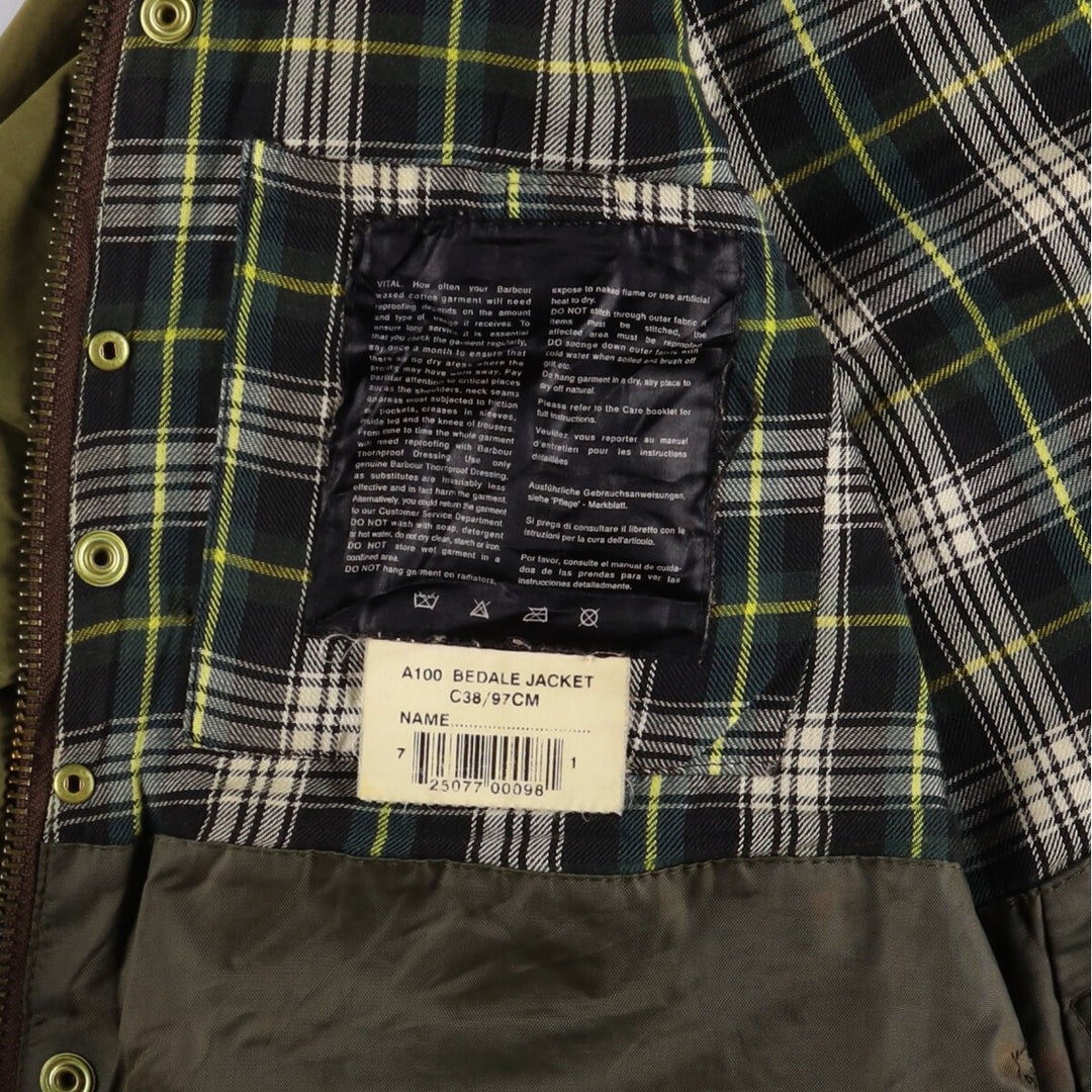 2000'S Barbour Bedale 3 Warrant Waxed Cotton Oiled Jacket, Made in England, C38, Men's Size M cotton Khaki type Vintage Second Hand