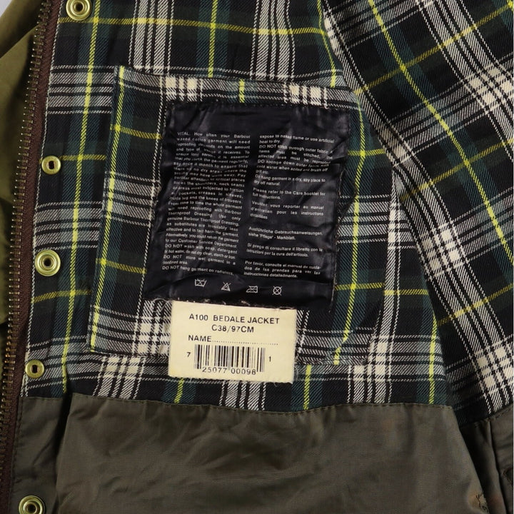 2000'S Barbour Bedale 3 Warrant Waxed Cotton Oiled Jacket, Made in England, C38, Men's Size M cotton Khaki type Vintage Second Hand