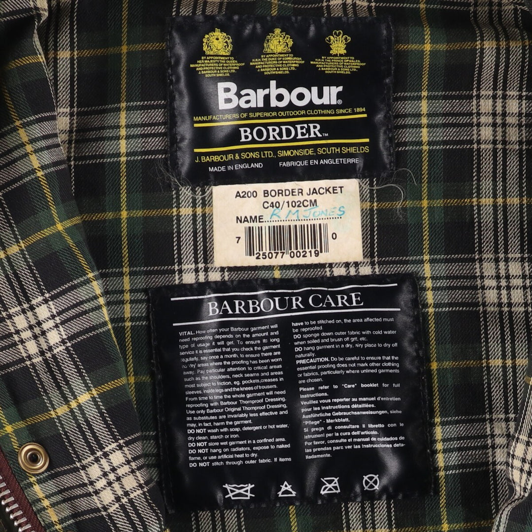 2000'S Barbour BORDER Waxed Cotton Oiled Jacket with Old 3 Warrant Badge, Made in the UK, C40, Men's Size M cotton Khaki type Vintage Second Hand