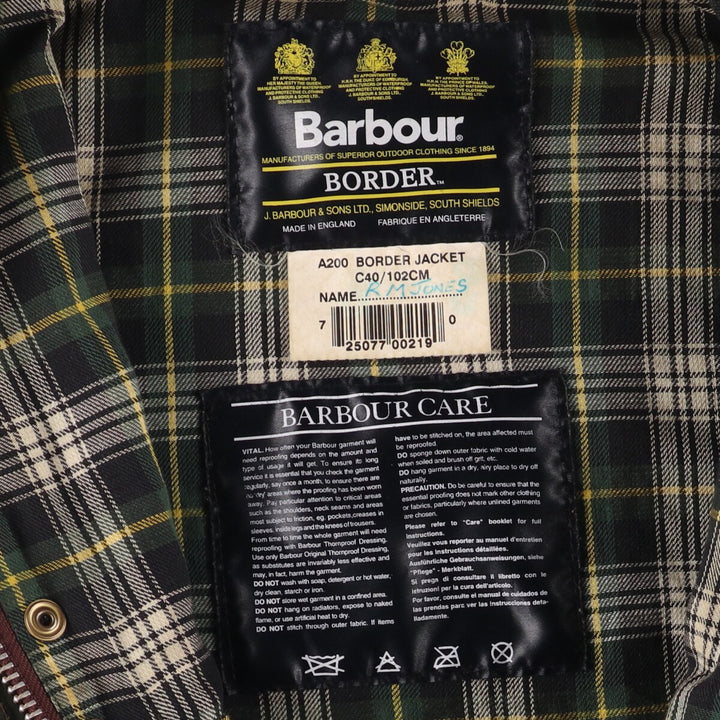 2000'S Barbour BORDER Waxed Cotton Oiled Jacket with Old 3 Warrant Badge, Made in the UK, C40, Men's Size M cotton Khaki type Vintage Second Hand