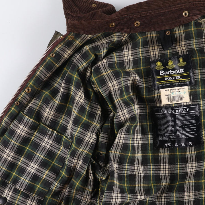 2000'S Barbour BORDER Waxed Cotton Oiled Jacket with Old 3 Warrant Badge, Made in the UK, C40, Men's Size M cotton Khaki type Vintage Second Hand