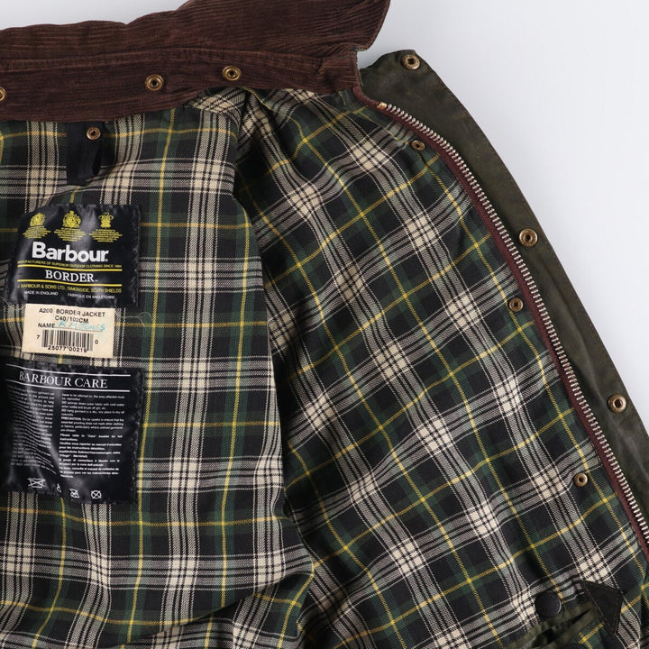 2000'S Barbour BORDER Waxed Cotton Oiled Jacket with Old 3 Warrant Badge, Made in the UK, C40, Men's Size M cotton Khaki type Vintage Second Hand