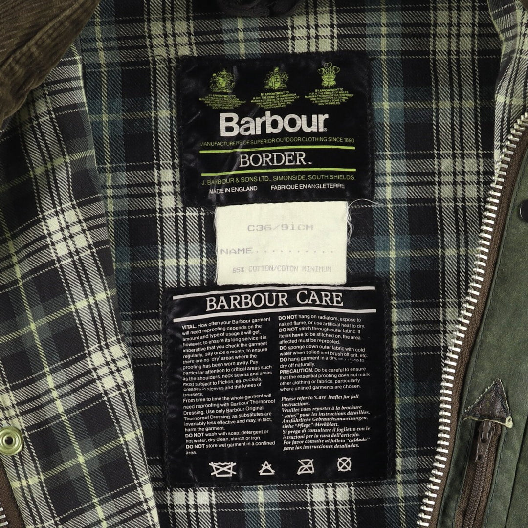 80s-90'S Barbour BORDER (formerly 3 Warrant) waxed cotton oiled jacket, Made in England, C36, Men's Size Small cotton Khaki type Vintage Second Hand