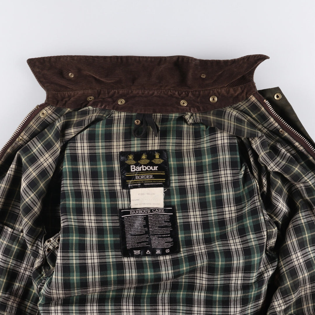80s-90'S Barbour BORDER (formerly 3 Warrant) waxed cotton oiled jacket, Made in England, C36, Men's Size Small cotton Khaki type Vintage Second Hand