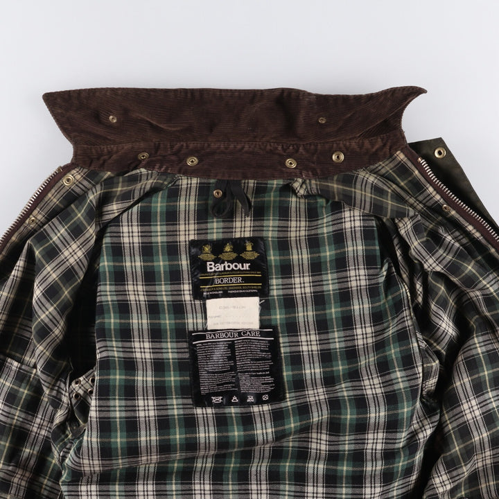 80s-90'S Barbour BORDER (formerly 3 Warrant) waxed cotton oiled jacket, Made in England, C36, Men's Size Small cotton Khaki type Vintage Second Hand