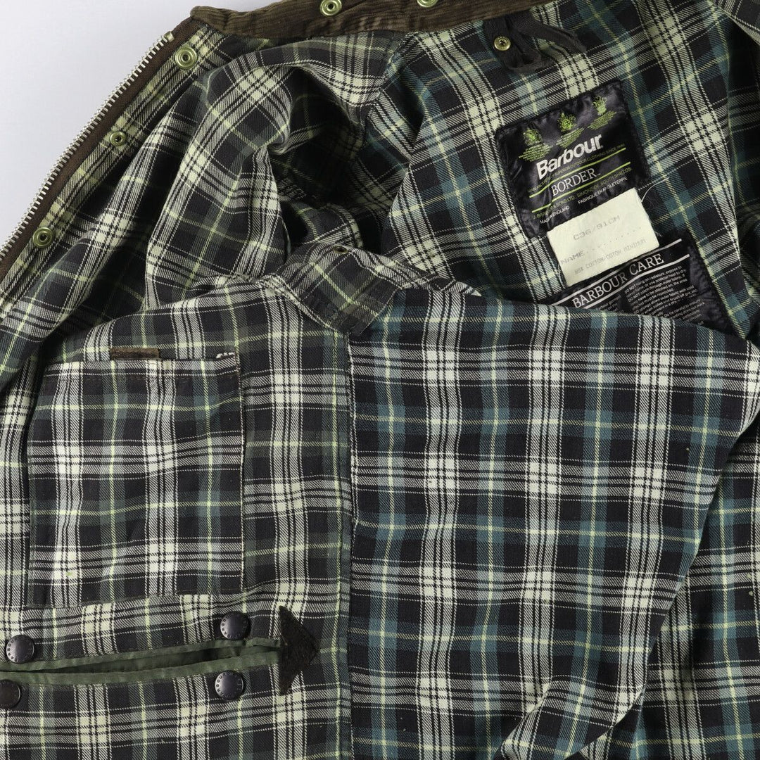 80s-90'S Barbour BORDER (formerly 3 Warrant) waxed cotton oiled jacket, Made in England, C36, Men's Size Small cotton Khaki type Vintage Second Hand