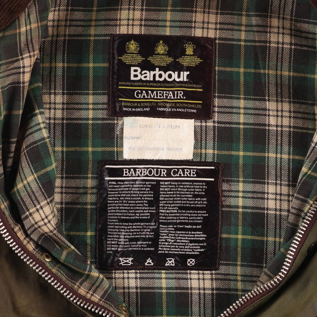 80s-90'S Barbour GAMEFAIR 3-Warrant Waxed Cotton Oiled Jacket, Made in England, C46, Men's XL cotton Khaki type Vintage Second Hand