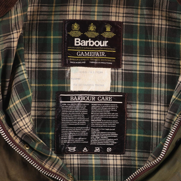80s-90'S Barbour GAMEFAIR 3-Warrant Waxed Cotton Oiled Jacket, Made in England, C46, Men's XL cotton Khaki type Vintage Second Hand