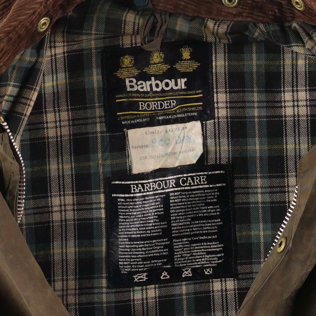 80s-90'S Barbour BORDER Old 3 Warrant Waxed Cotton Oiled Jacket Made in England C42 Men's L size cotton Khaki type Vintage Second Hand
