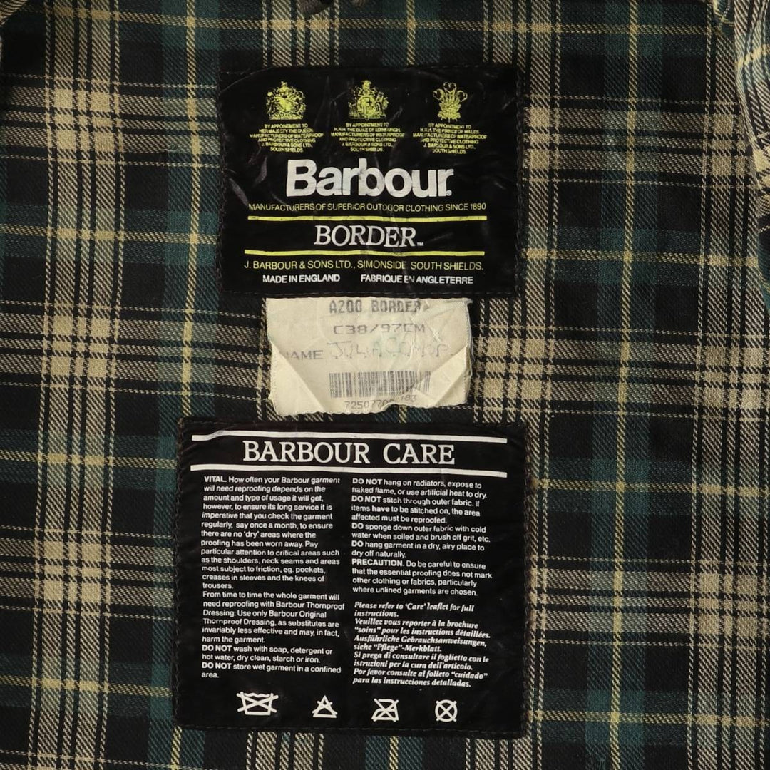 1990'S Barbour BORDER (formerly 3 Warrant) waxed cotton oiled jacket, made in England, C38, men's size M cotton Khaki type Vintage Second Hand