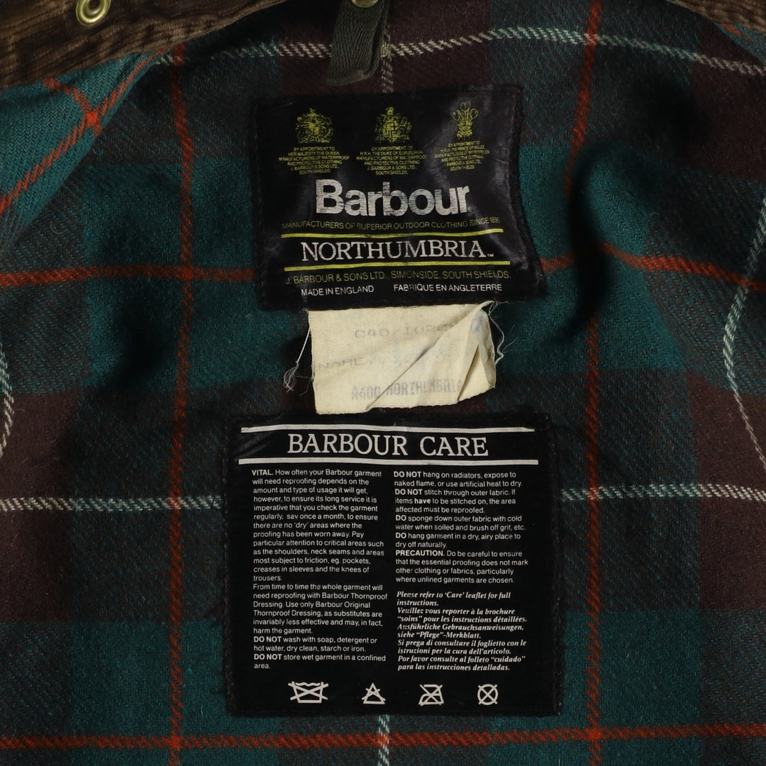 1980s-1990'S Barbour Northumbria 3-Warrant Waxed Cotton Oiled Jacket, Made in England, Size C40, Men's Medium cotton Khaki type Vintage Second Hand