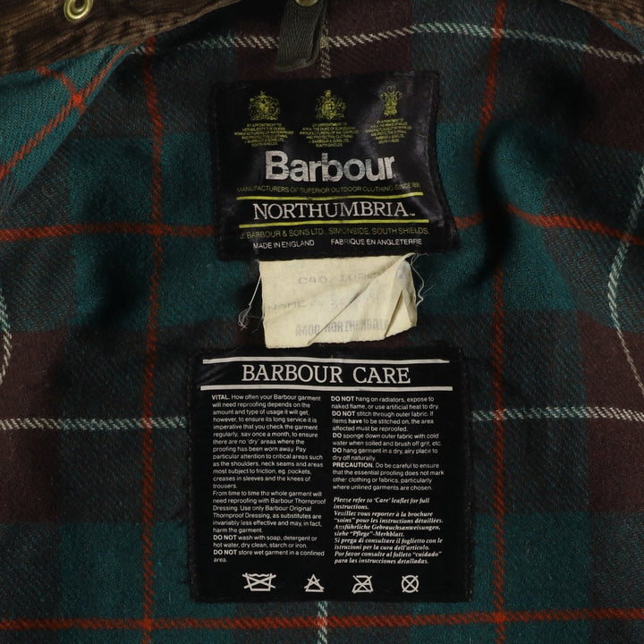 1980s-1990'S Barbour Northumbria 3-Warrant Waxed Cotton Oiled Jacket, Made in England, Size C40, Men's Medium cotton Khaki type Vintage Second Hand