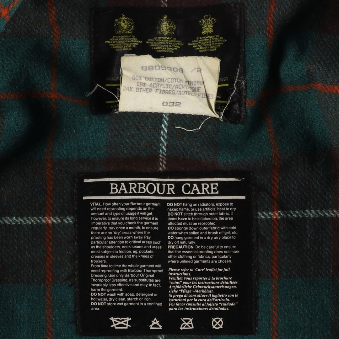 1980s-1990'S Barbour Northumbria 3-Warrant Waxed Cotton Oiled Jacket, Made in England, Size C40, Men's Medium cotton Khaki type Vintage Second Hand