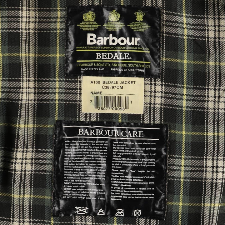 1990'S Barbour Bedale (formerly 3 Warrant) waxed cotton oiled jacket, made in England, C38, men's size M cotton Khaki type Vintage Second Hand