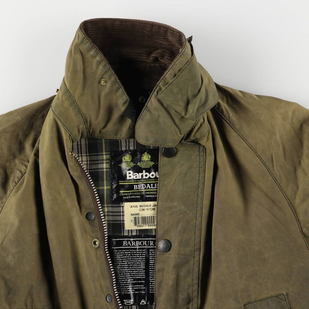 1990'S Barbour Bedale (formerly 3 Warrant) waxed cotton oiled jacket, made in England, C38, men's size M cotton Khaki type Vintage Second Hand