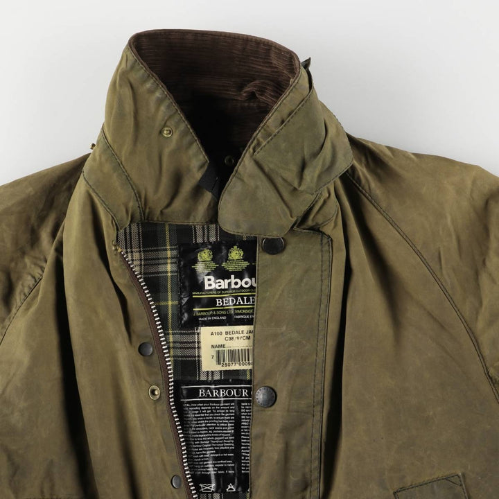 1990'S Barbour Bedale (formerly 3 Warrant) waxed cotton oiled jacket, made in England, C38, men's size M cotton Khaki type Vintage Second Hand