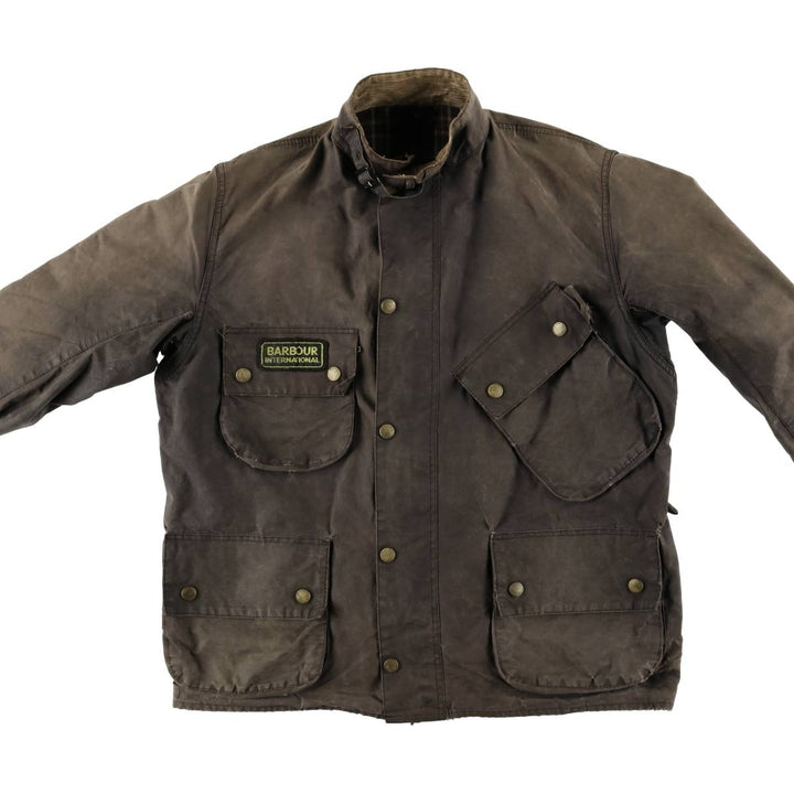 90'S Barbour International Suit, Old 3 Warrant, Cut-Off Waxed Cotton Oiled Jacket, Made in England, C46 cotton brown type Vintage Second Hand