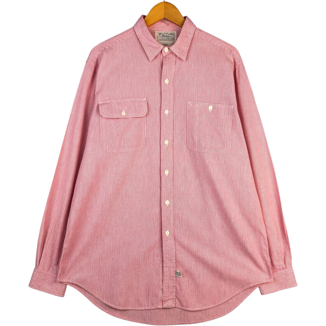 Vintage 1980'S Ralph Lauren white tag long-sleeved cotton striped shirt, men's size L cotton pink type Vintage Second Hand