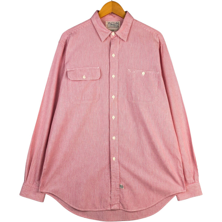 Vintage 1980'S Ralph Lauren white tag long-sleeved cotton striped shirt, men's size L cotton pink type Vintage Second Hand