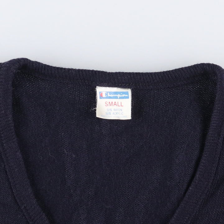 Vintage 1970'S Champion Bartag V-neck college rayon and acrylic knit sweater, Made in USA, Women's Size Small Rayon navy blue type Vintage Second Hand