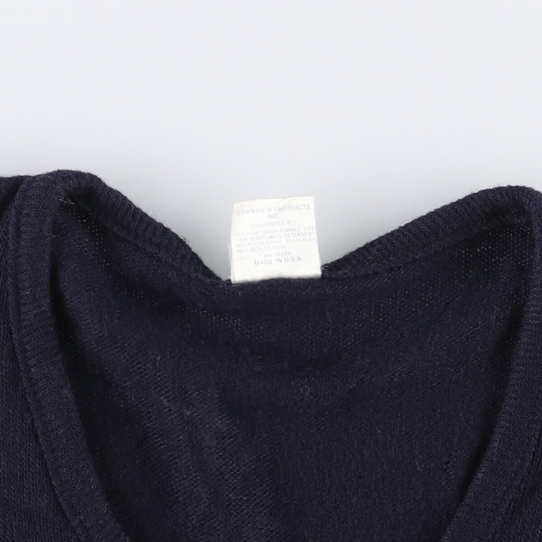 Vintage 1970'S Champion Bartag V-neck college rayon and acrylic knit sweater, Made in USA, Women's Size Small Rayon navy blue type Vintage Second Hand