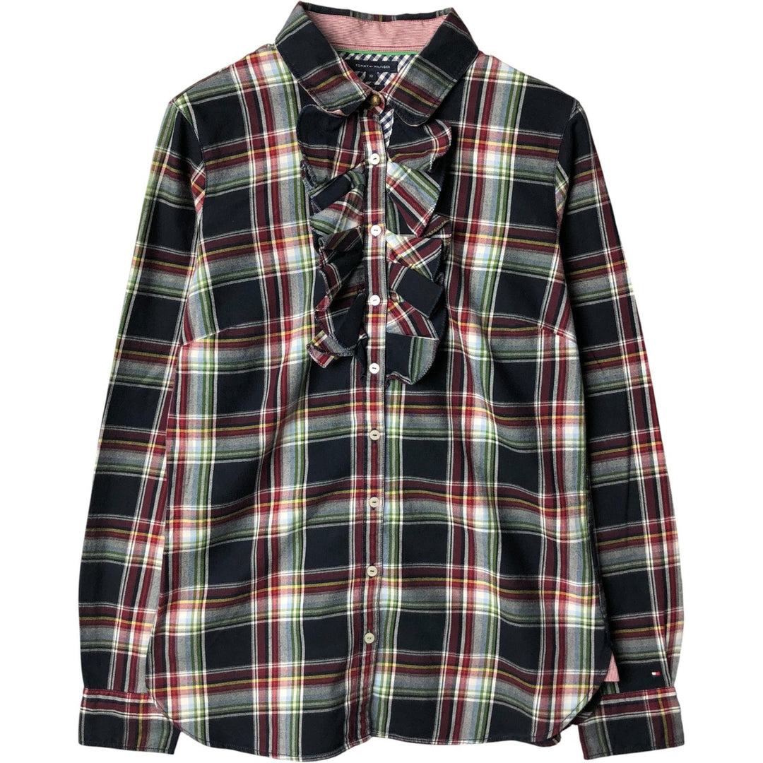 Tommy Hilfiger Fitted Ruffle Long Sleeve Cotton Check Shirt, Women's Size Medium cotton navy blue type Vintage Second Hand