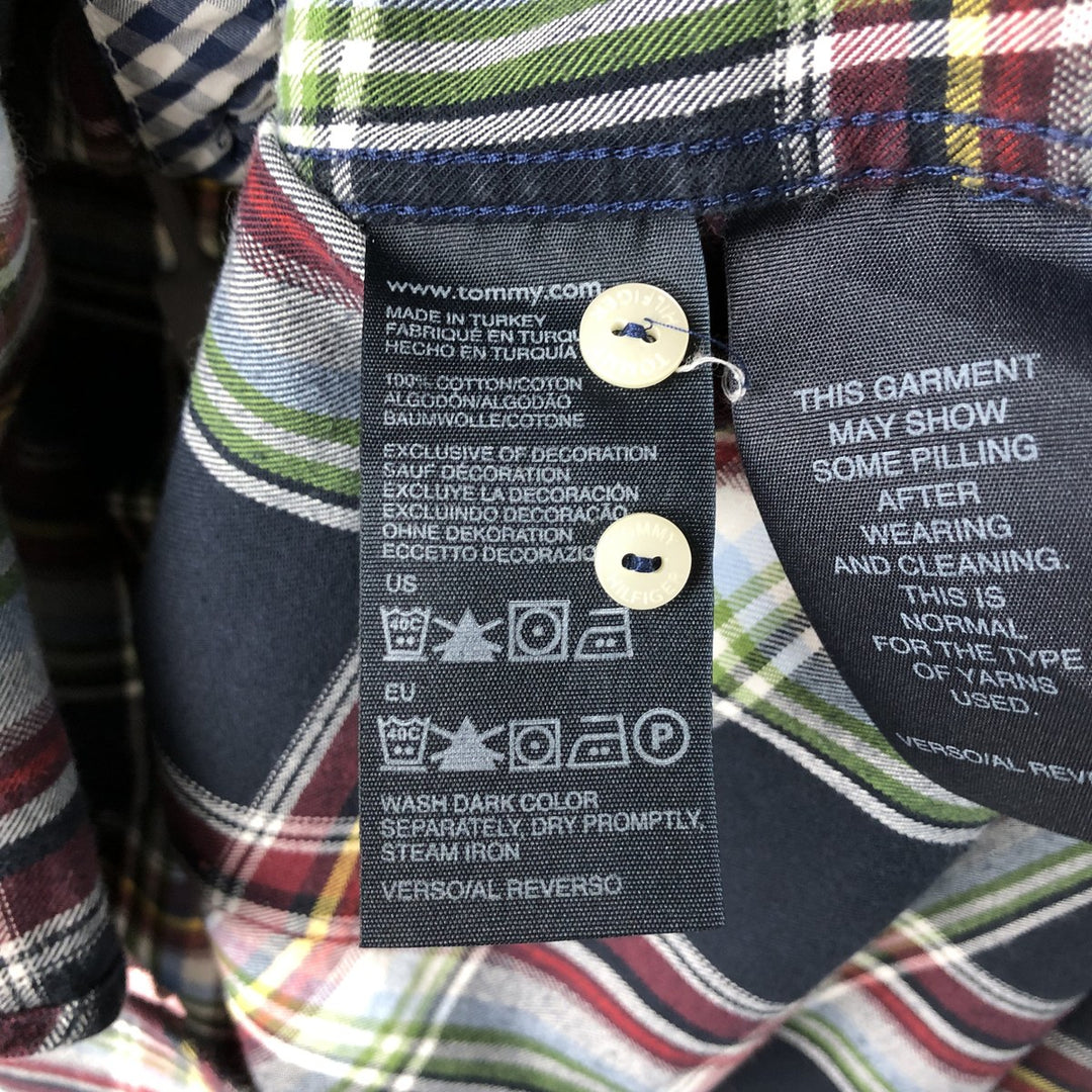 Tommy Hilfiger Fitted Ruffle Long Sleeve Cotton Check Shirt, Women's Size Medium cotton navy blue type Vintage Second Hand