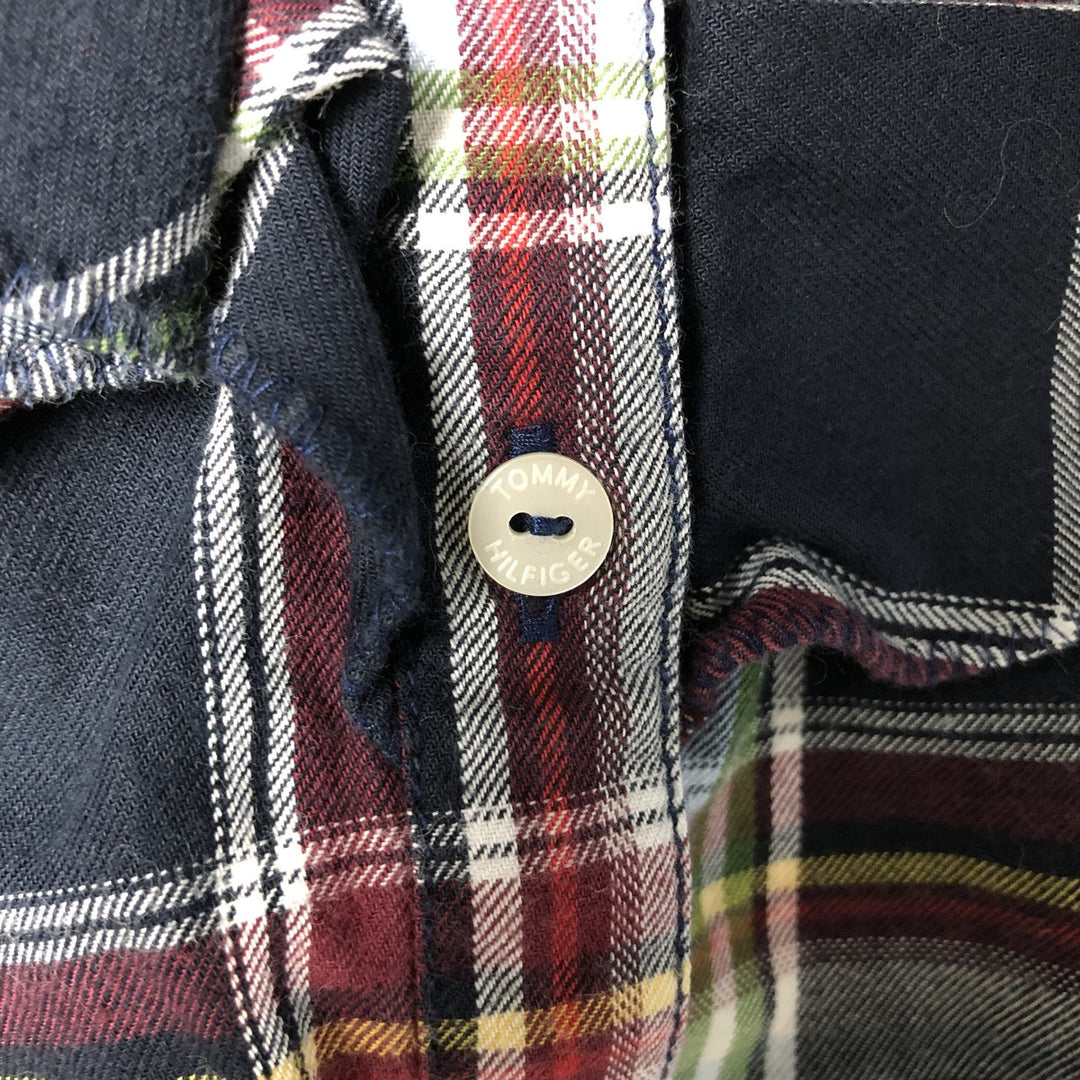 Tommy Hilfiger Fitted Ruffle Long Sleeve Cotton Check Shirt, Women's Size Medium cotton navy blue type Vintage Second Hand