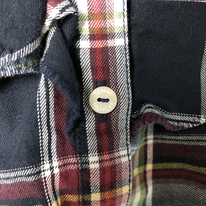 Tommy Hilfiger Fitted Ruffle Long Sleeve Cotton Check Shirt, Women's Size Medium cotton navy blue type Vintage Second Hand
