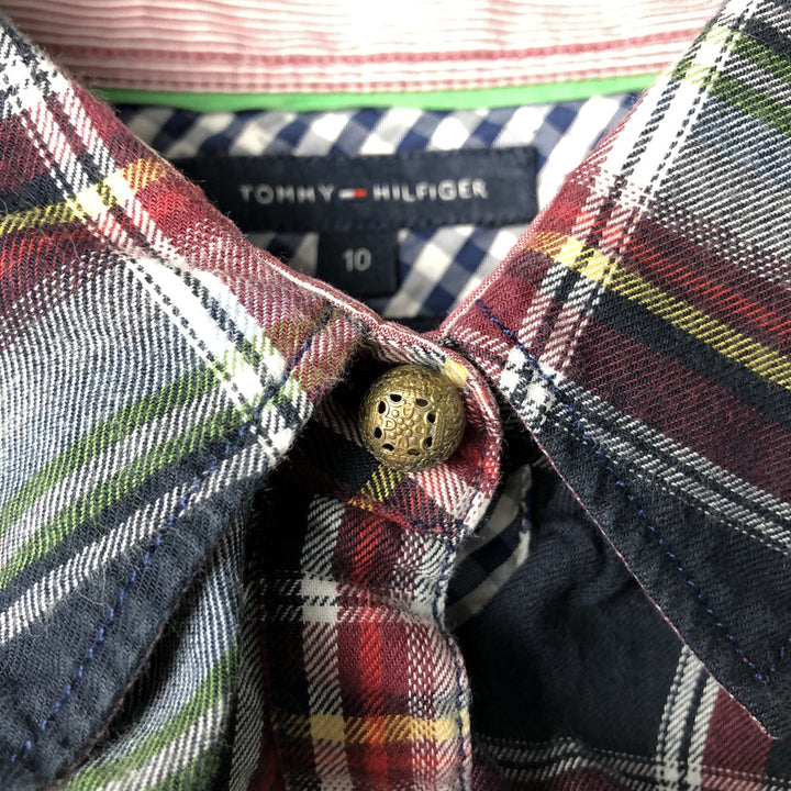 Tommy Hilfiger Fitted Ruffle Long Sleeve Cotton Check Shirt, Women's Size Medium cotton navy blue type Vintage Second Hand