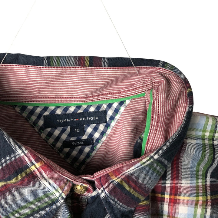 Tommy Hilfiger Fitted Ruffle Long Sleeve Cotton Check Shirt, Women's Size Medium cotton navy blue type Vintage Second Hand