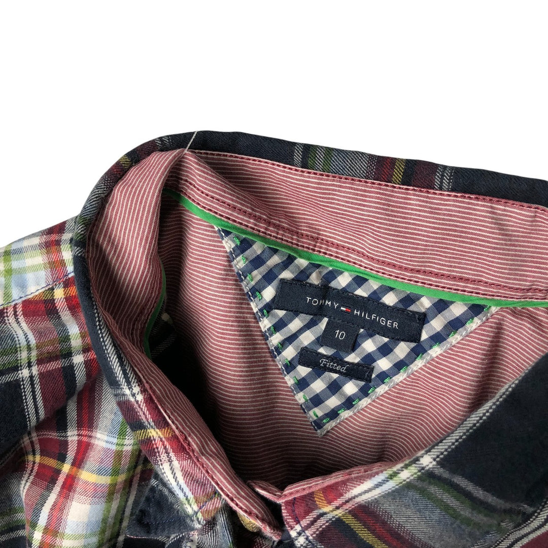 Tommy Hilfiger Fitted Ruffle Long Sleeve Cotton Check Shirt, Women's Size Medium cotton navy blue type Vintage Second Hand