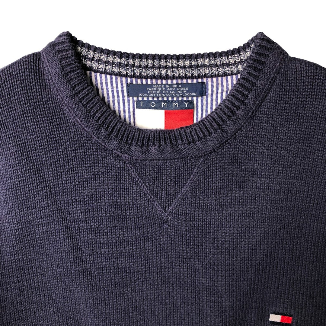 Vintage 90'S Tommy Hilfiger cotton knit sweater, size M, men's cotton navy blue type Vintage Second Hand