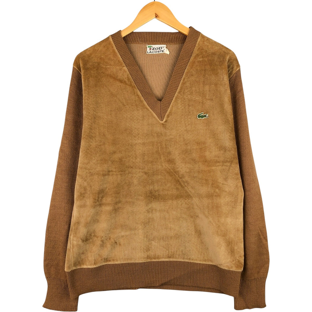 Vintage 1970'S Lacoste IZOD V-neck acrylic knit sweater, men's size L acrylic beige type brown Vintage Second Hand