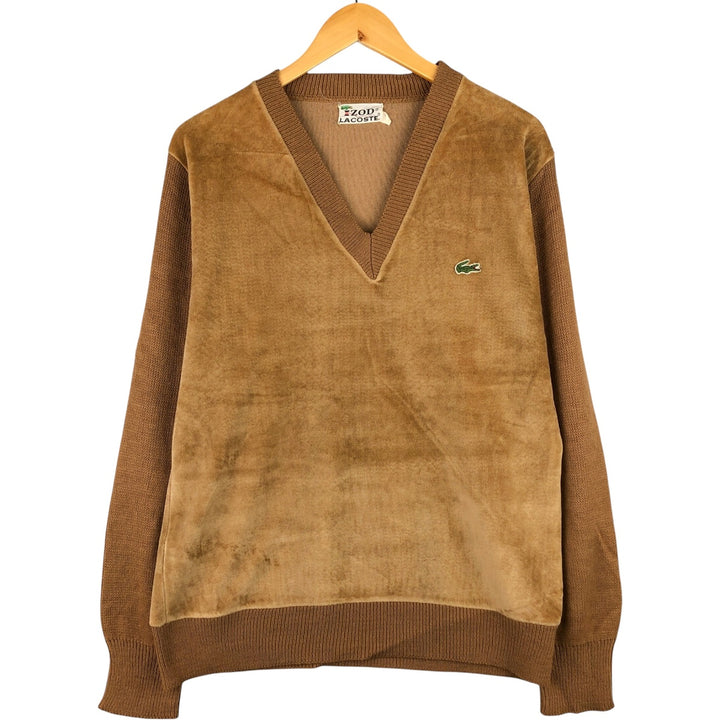 Vintage 1970'S Lacoste IZOD V-neck acrylic knit sweater, men's size L acrylic beige type brown Vintage Second Hand