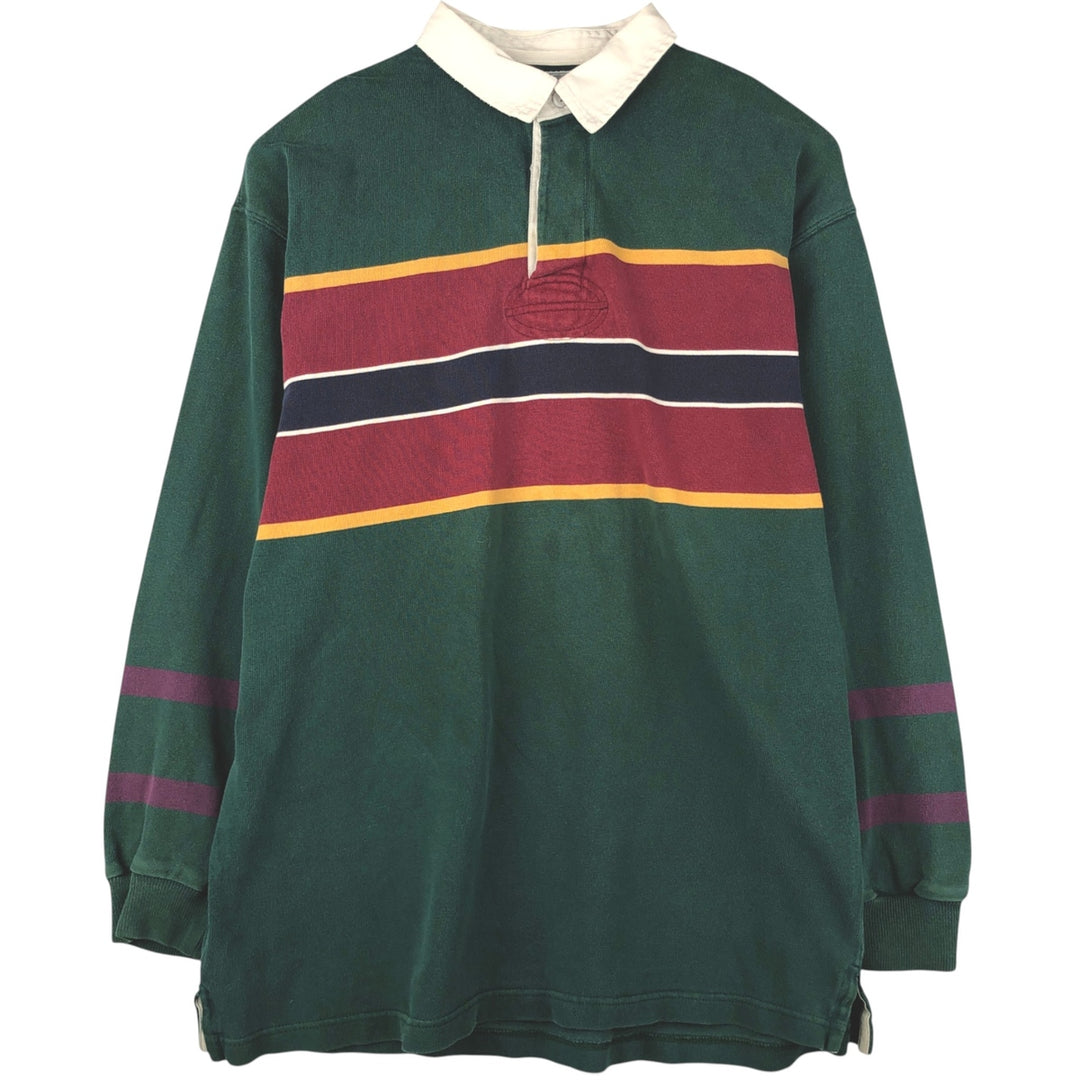 Lands' End Check Pattern Border Pattern Long Sleeve Rugby Shirt, Men's Size L cotton green type Vintage Second Hand