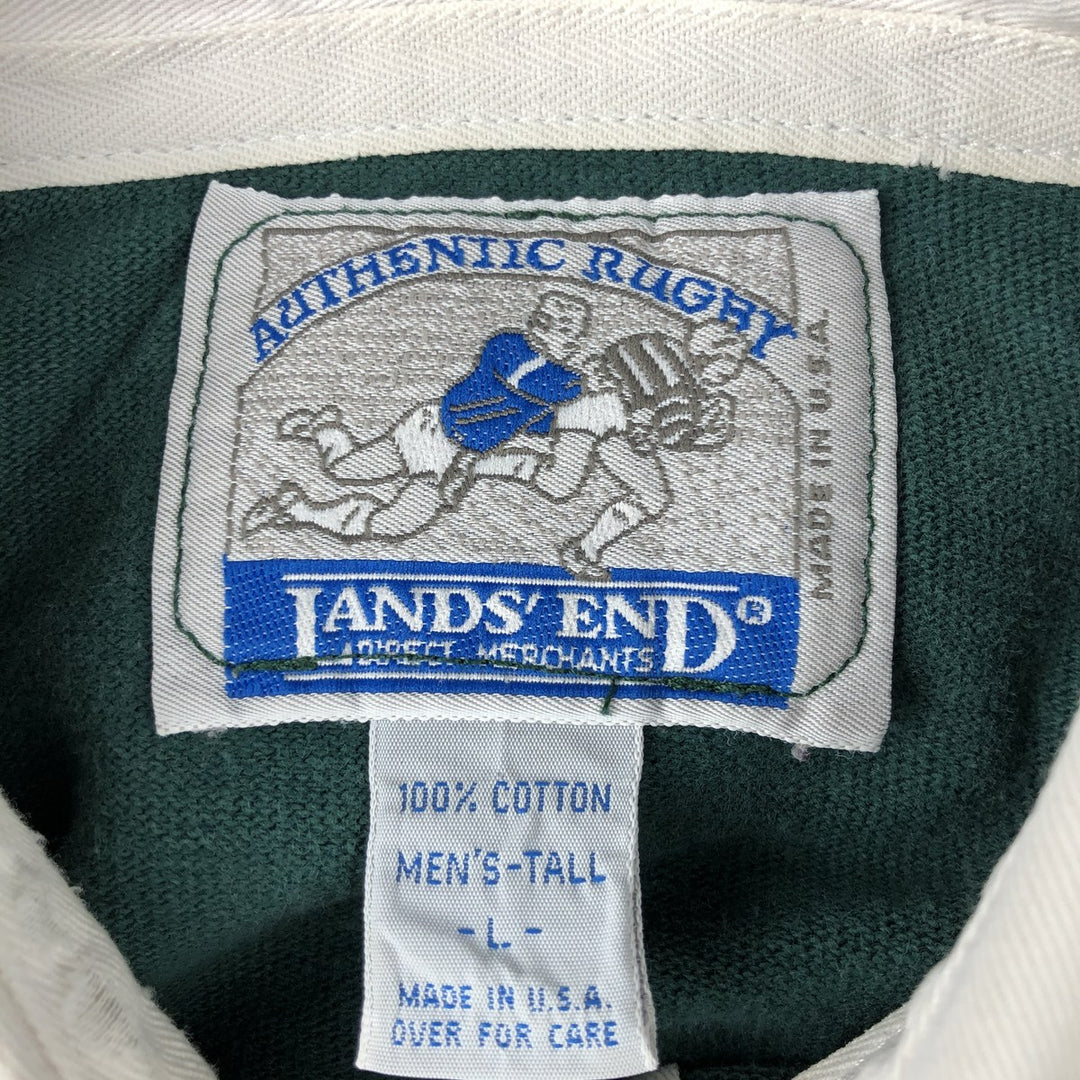 Lands' End Check Pattern Border Pattern Long Sleeve Rugby Shirt, Men's Size L cotton green type Vintage Second Hand